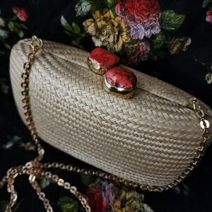 Kayu Women’s Jen Woven Straw Clutch Toast With Red Stones